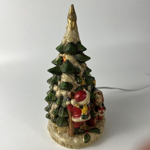 Vtg Opulence Lighted Christmas Tree Ceramic Santa Children Village Lit Stars 10” - Picture 5 of 16